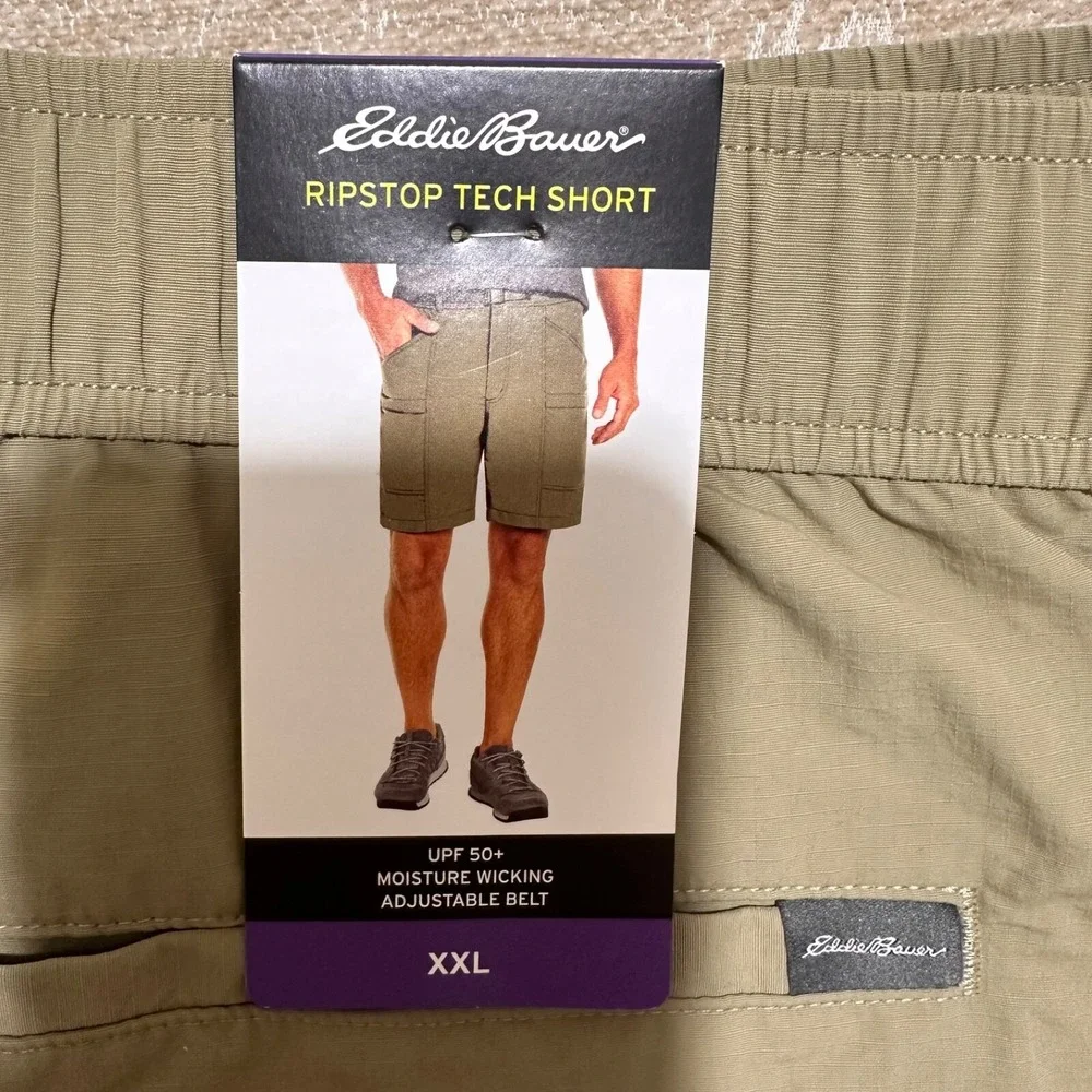 Eddie Bauer Mens XXL Khaki Tan Ripstop Tech Pull On Shorts NWT NEW‎